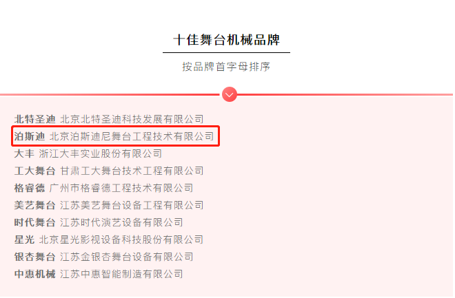  我司“泊斯迪”品牌入选十佳舞台机械品牌 